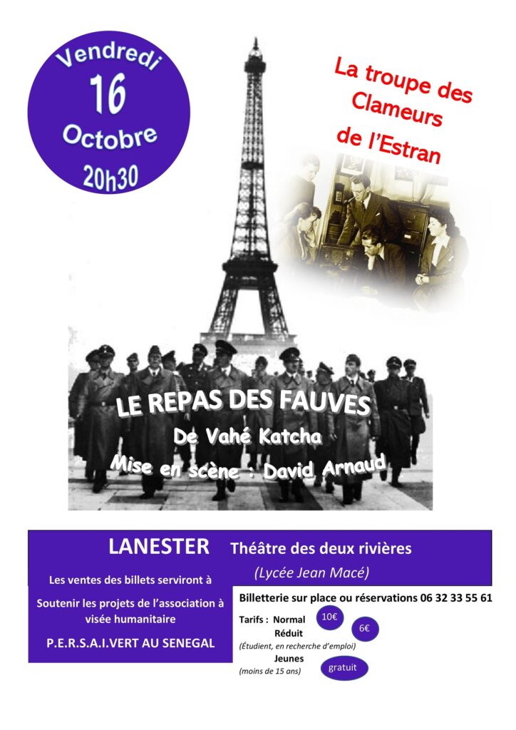 Affiche de la piece Le Repas des fauves jouee a Lanester le 16 octobre 2026 au profit de P.E.R.S.A.I.VERT AU SENEGAL