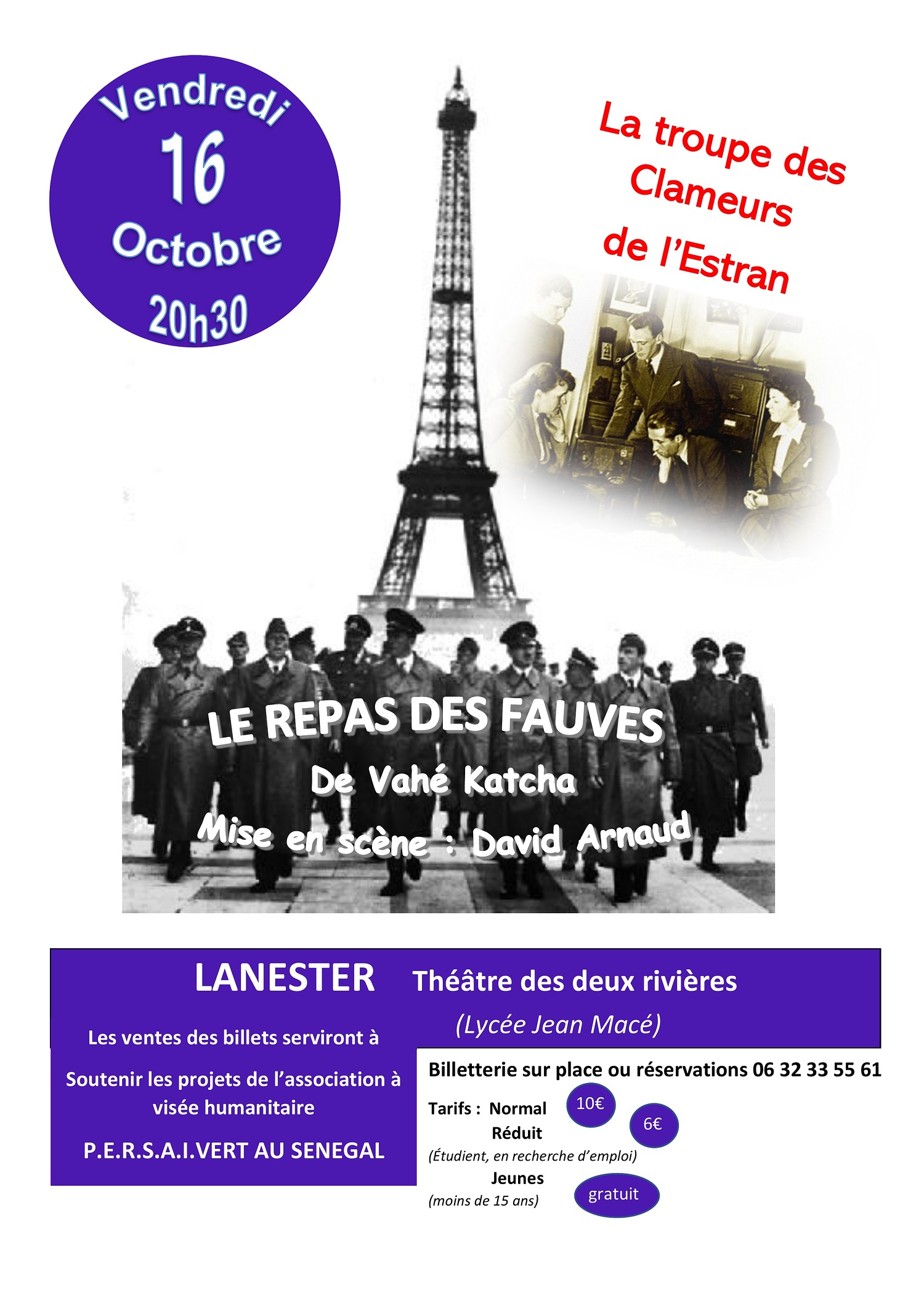 Affiche de la piece Le Repas des fauves jouee a Lanester le 16 octobre 2026 au profit de P.E.R.S.A.I.VERT AU SENEGAL